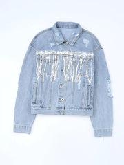 Light wash denim jacket with sequined fringe and distressed details