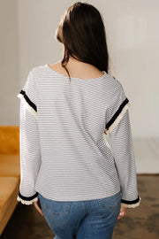 Stripe Contrasted Ruffle Trim Loose Long Sleeve Top in Stripe, side view