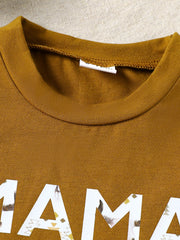 Caramel cotton blend graphic tee with "mama" text and tribal pattern detail.