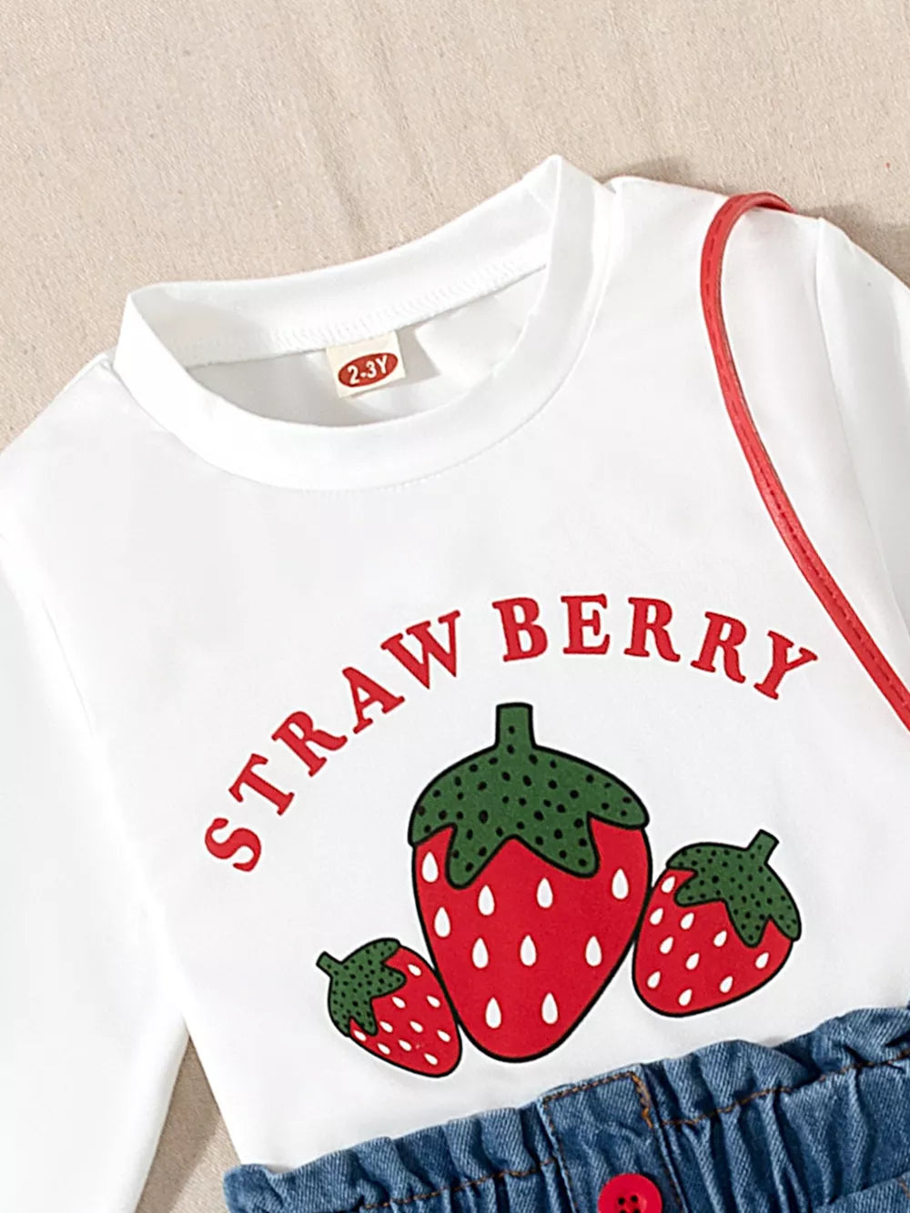 Children's Strawberry Long Sleeve Top And Jeans Set in White, side view