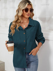 Deep Teal corduroy overshirt with buttoned chest pockets and a relaxed fit.