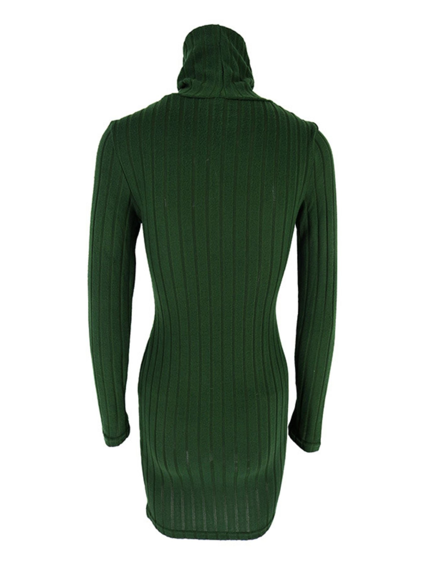 Green ribbed turtleneck bodycon mini dress with long sleeves.