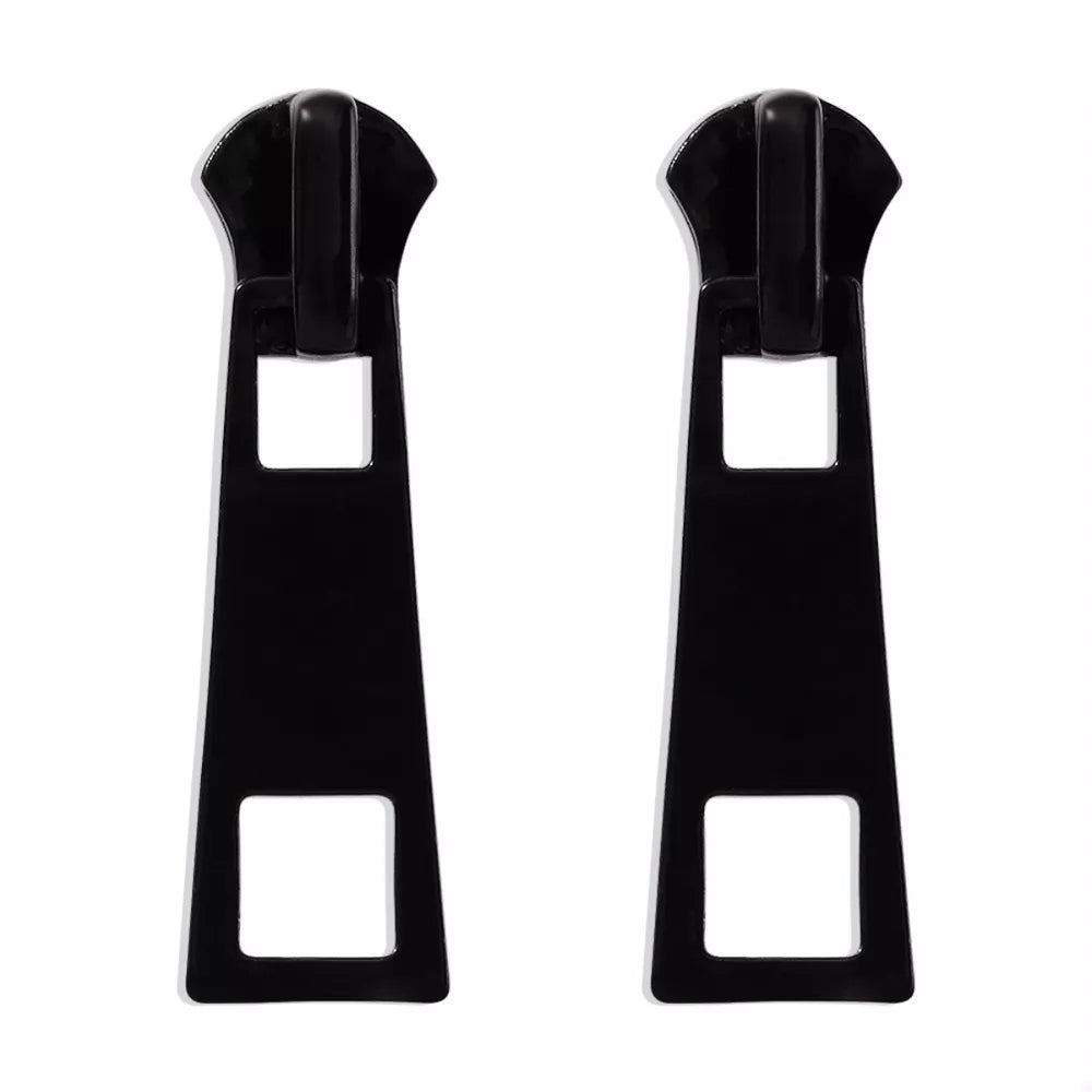 Black zipper drop earrings with square cutouts, made of alloy.