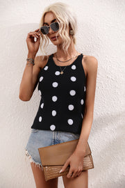Black polka dot knit tank top with round neckline and sleeveless design.