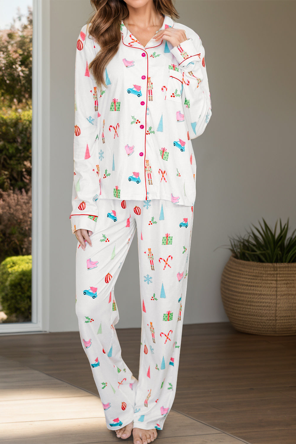 White festive print pajama set with piping and collar.