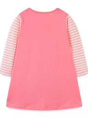 Children's pink cotton dress with striped sleeves.
