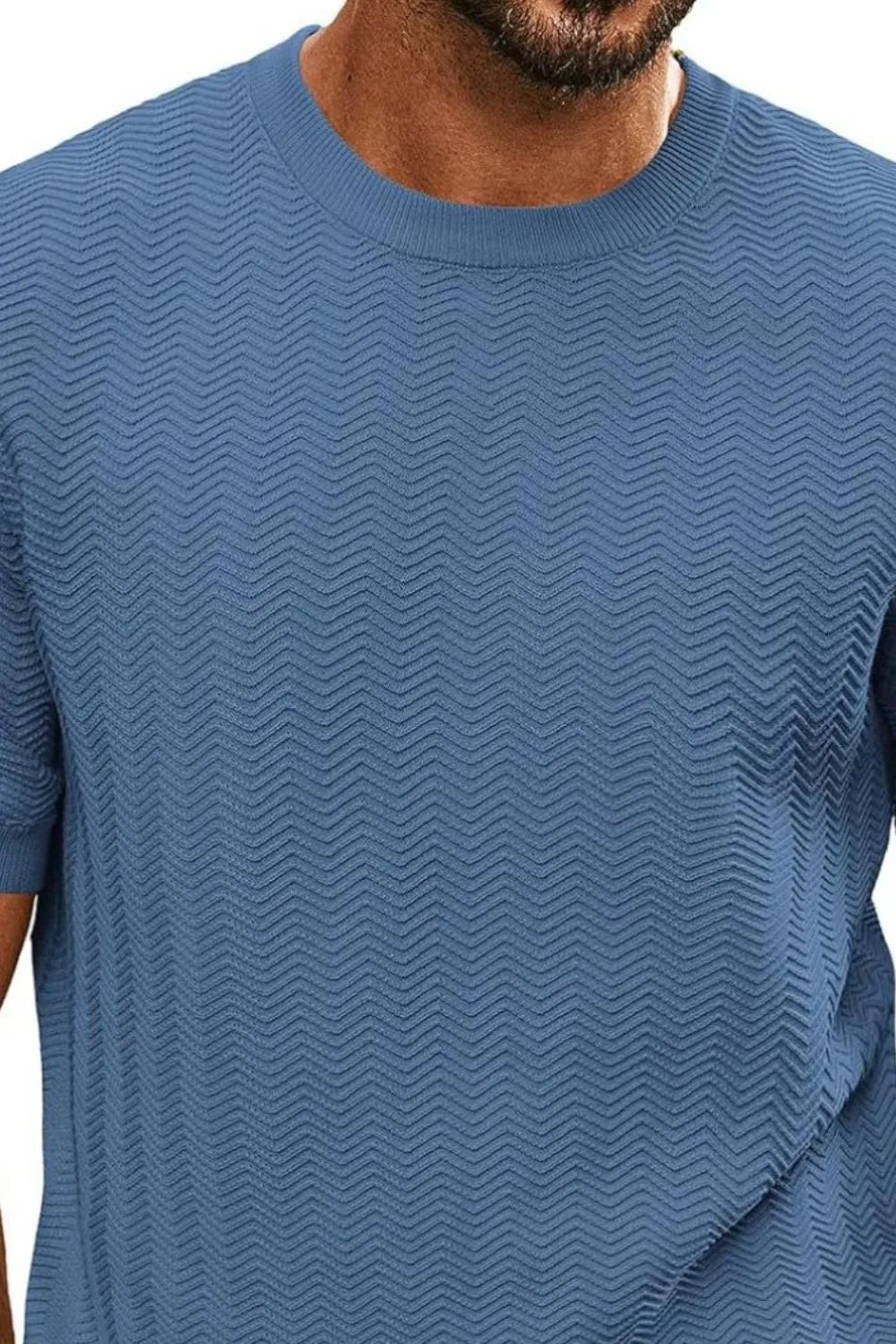 Chevron knit crew neck tee in Dusty Blue with textured pattern