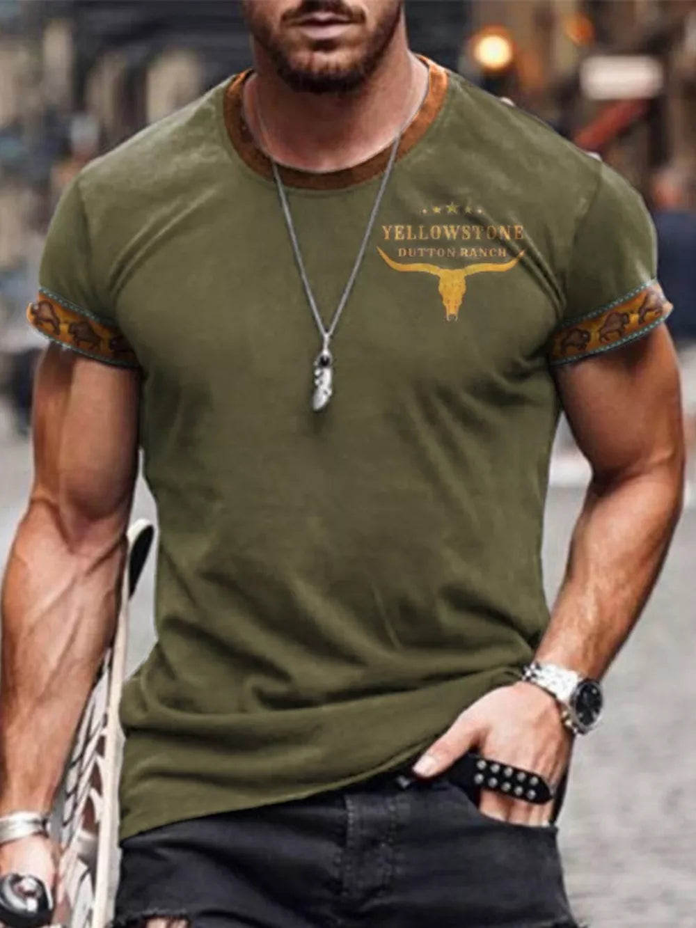 Men's Full Size Round Neck Short Sleeve T-shirt in Moss, close-up detail