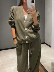Army green button-front lounge set with drawstring pants and a V-neck cardigan.