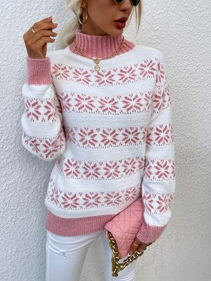Carnation Pink and white fair isle mock neck sweater with a ribbed collar and cuffs.