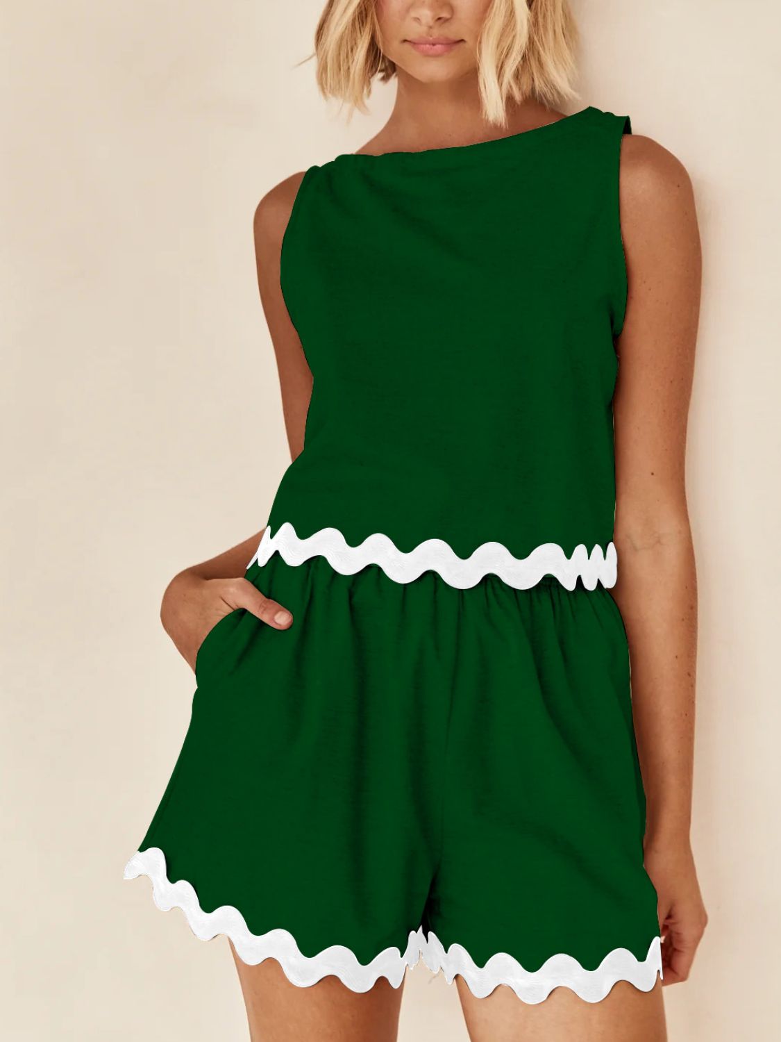 Dark green scalloped edge tank and short co-ord set with white trim.