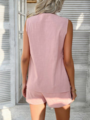 Dusty Pink linen vest and shorts set with side slits and button details.