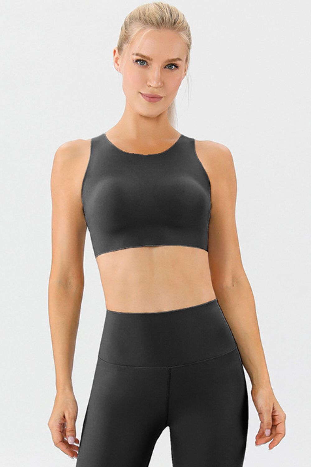 Black Sculpted Performance Sports Bra with scoop neckline and racerback detail