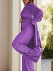 Purple draped overlay palazzo co-ord set with wide sleeves and flowing pants.
