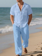 Men's Casual Button-up Shirt And Pants Set Plus Size, fabric detail