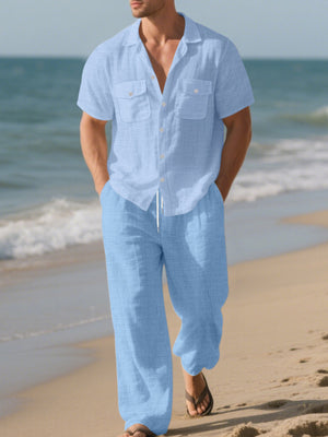 Men's Casual Button-up Shirt And Pants Set Plus Size, fabric detail