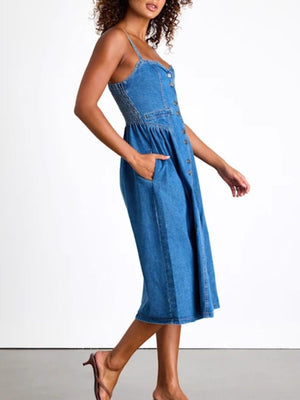 Button-front midi denim dress with smocked waist and pockets