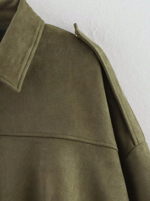 Military green oversized zip-up jacket with collar and shoulder detail
