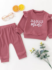 Toddler dusty rose waffle knit top with ruffled sleeves and "Mama's Mini" graphic, paired with matching pants.