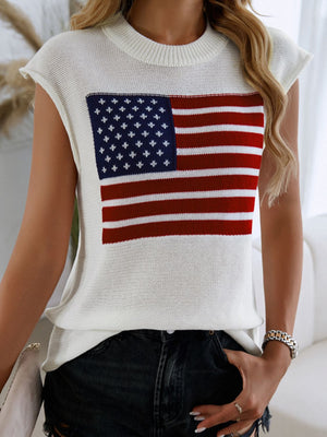 White knit vest with American flag graphic, crew neck, sleeveless.
