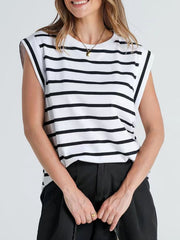 White and black striped sleeveless tank top with crew neck and padded shoulders.
