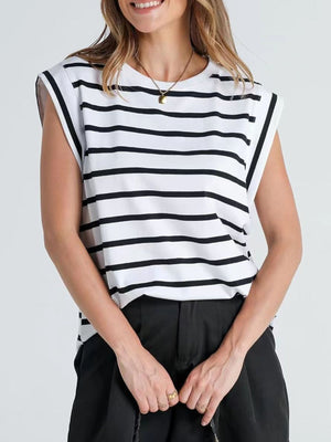White and black striped sleeveless tank top with crew neck and padded shoulders.