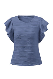 Textured ruffle sleeve bodysuit in Dusty Blue with a wavy pattern and round neckline.