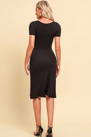 Black ruched bust midi dress with short sleeves and thigh slit