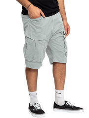 Light gray cargo shorts with multiple pockets and a relaxed fit.