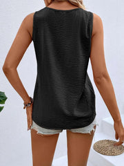 Black textured V-neck tank top with button front detail