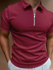 Burgundy zip-front polo shirt with short sleeves and a streamlined fit.