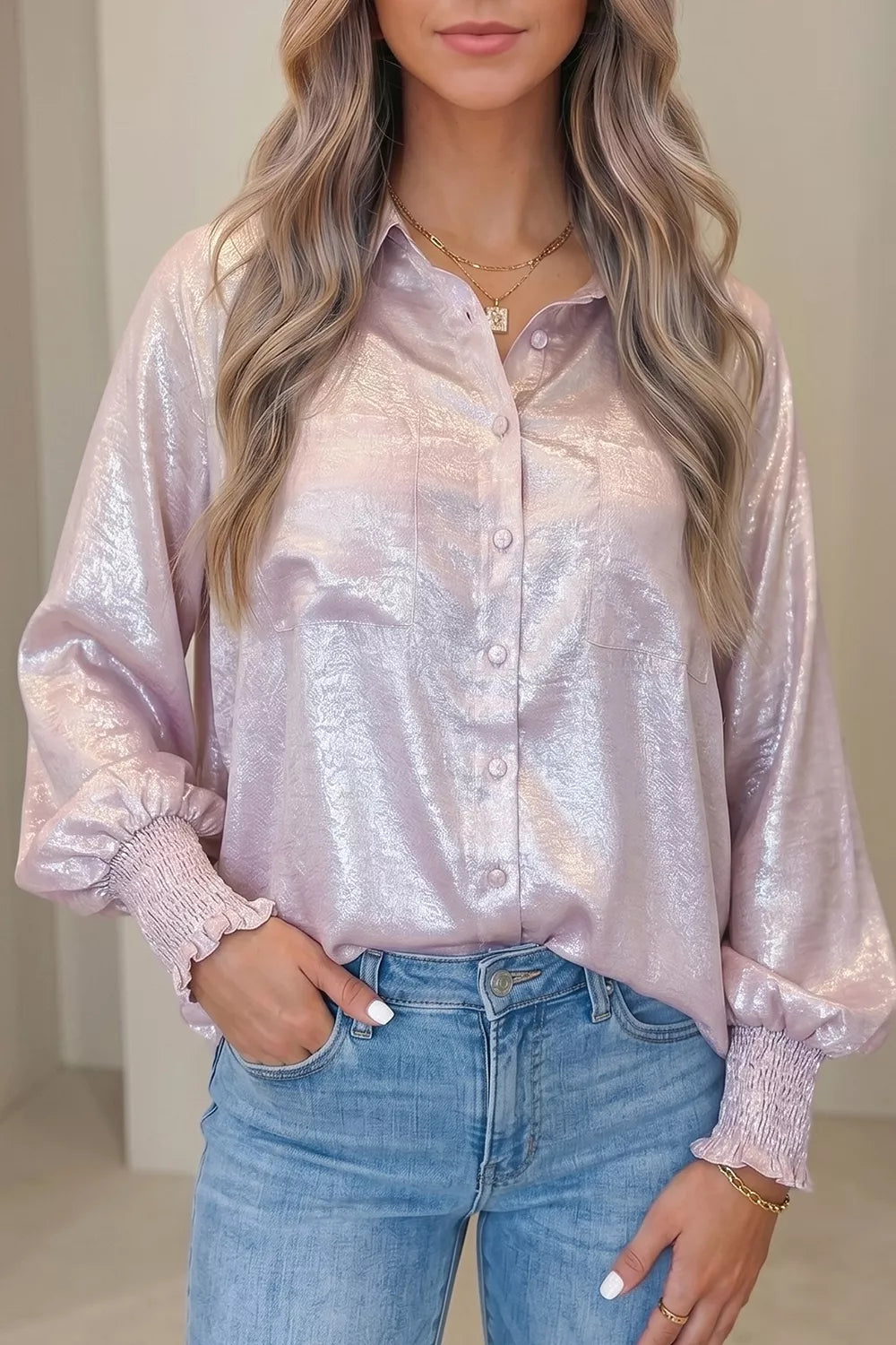 Long Sleeve Button Front Ruffle Cuffs Shirt, front view