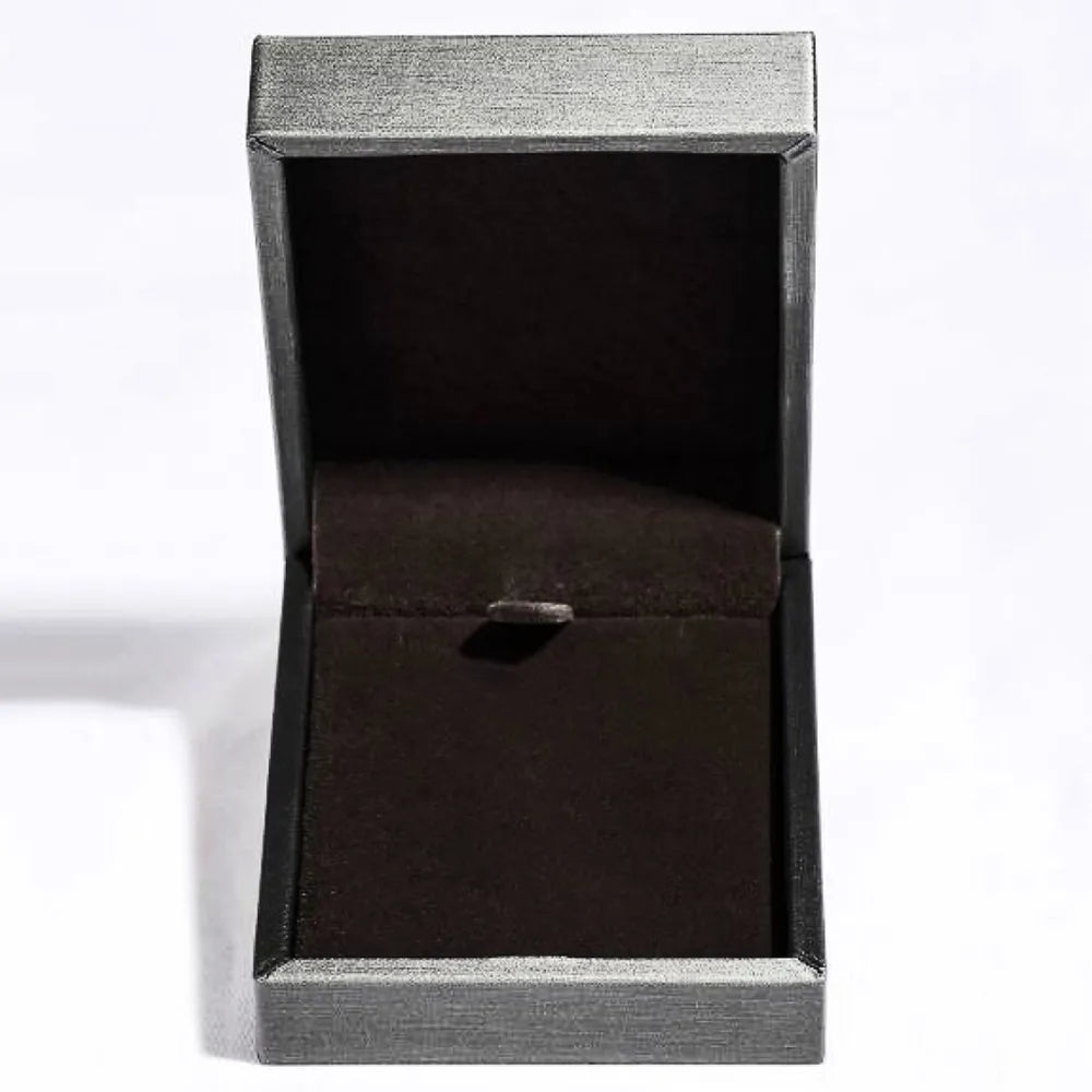 Silver jewelry box with dark brown velvet lining and clasp.
