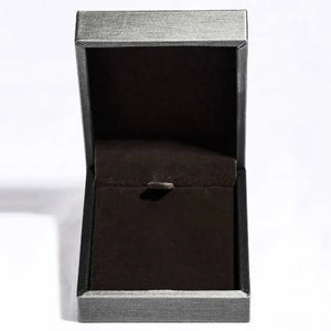 Silver jewelry box with dark brown velvet lining and clasp.