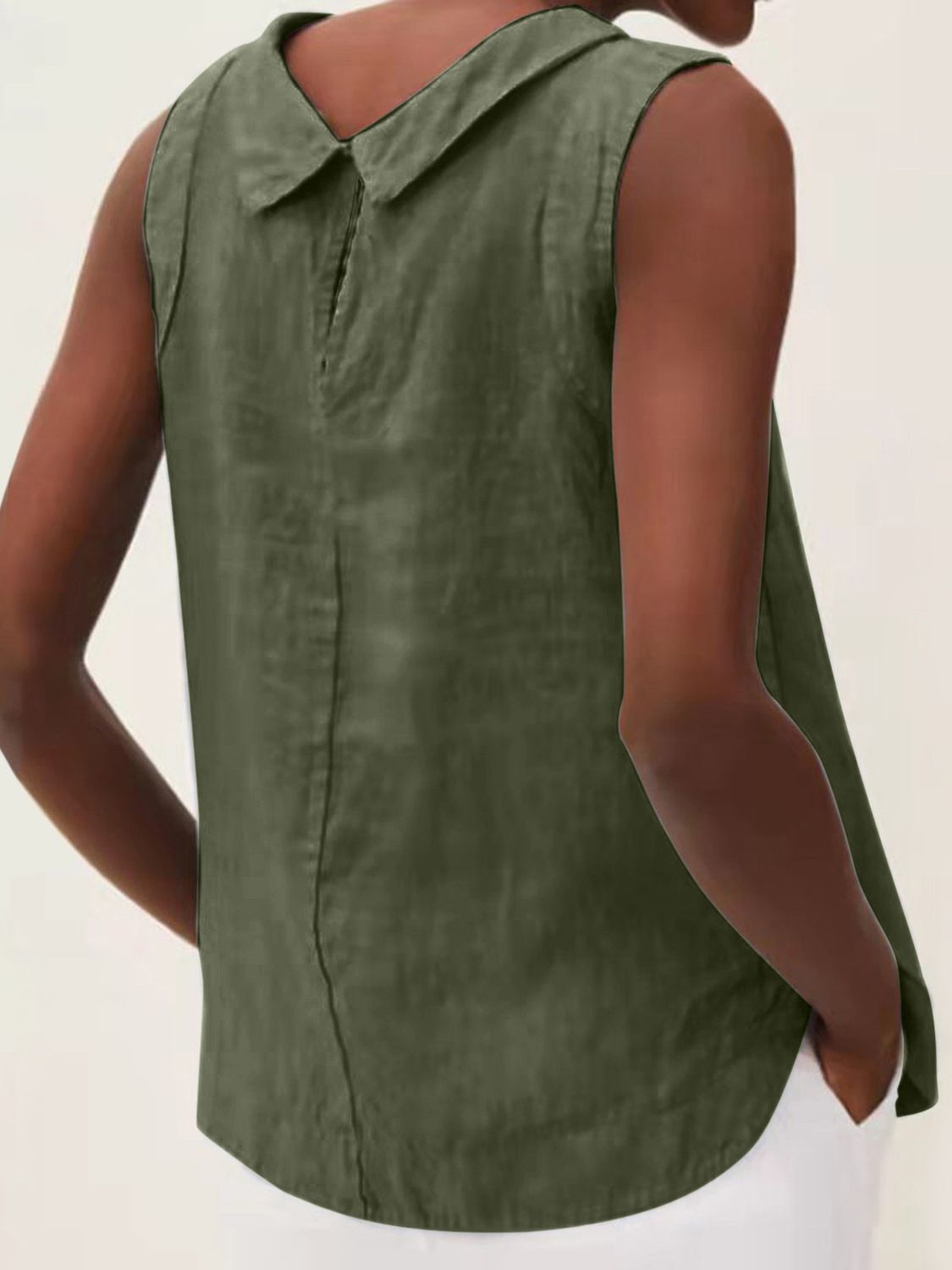 Moss green sleeveless Peter Pan collar blouse with back seam detail