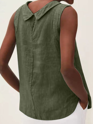 Moss green sleeveless Peter Pan collar blouse with back seam detail