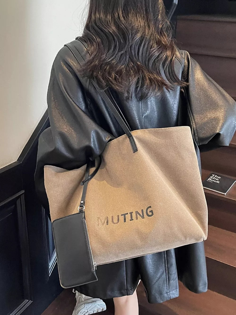 Casual Canvas Tote Shoulder Bag in Tan, back view