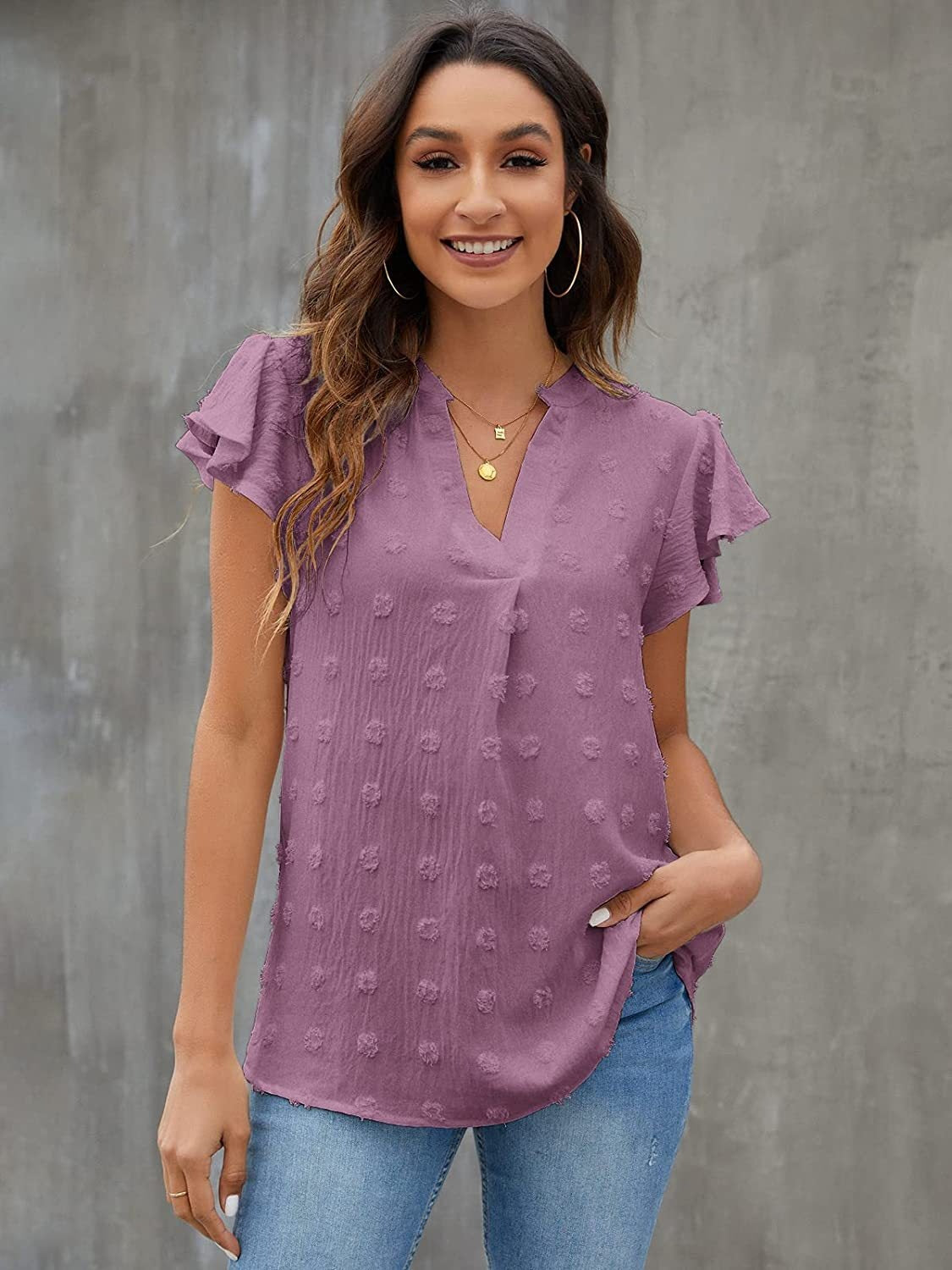 Textured voile blouse in lilac with flutter sleeves and v-neck