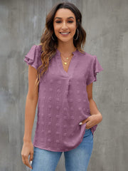 Textured voile blouse in lilac with flutter sleeves and v-neck