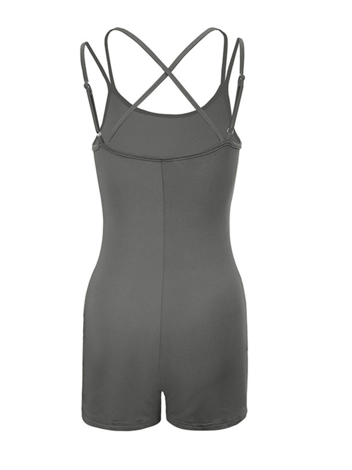 Grey cotton blend active romper with criss-cross spaghetti straps and a bodycon fit.