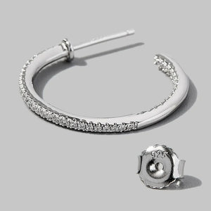 Silver pavé zirconia half-hoop earrings with 925 sterling silver backing.