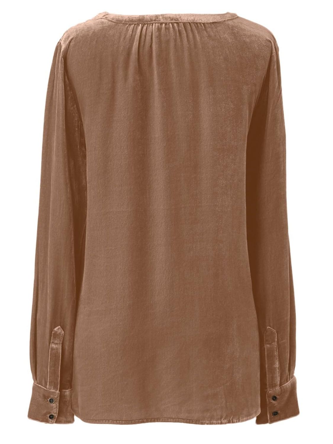 Camel velvet gathered yoke blouse with buttoned cuffs and a relaxed fit.