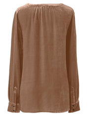 Camel velvet gathered yoke blouse with buttoned cuffs and a relaxed fit.