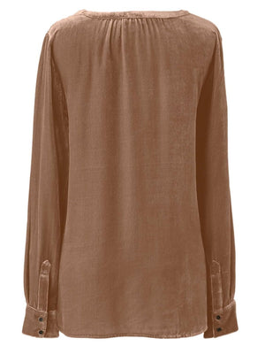 Camel velvet gathered yoke blouse with buttoned cuffs and a relaxed fit.