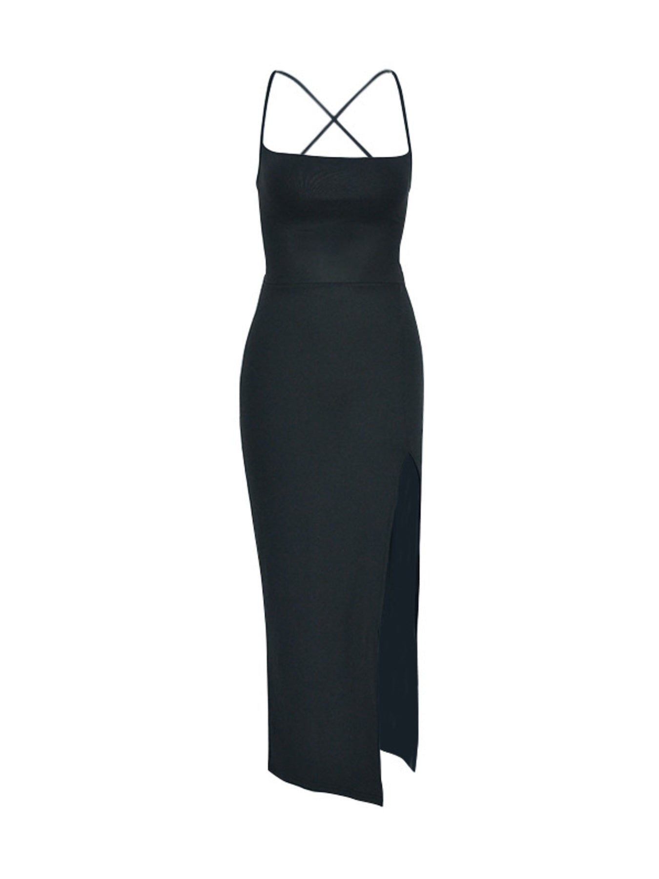 Black bodycon dress with crisscross straps and high slit