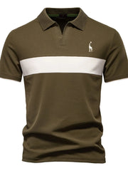 Olive polo shirt with white stripe and giraffe embroidery.
