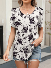 Women's white floral print short sleeve blouse with crew neck