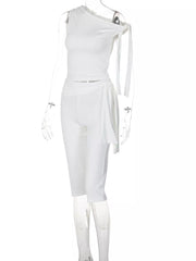 White one-shoulder tie top and capri set with draped detail