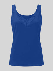 Royal blue ribbed tank top with lace inset V-neckline