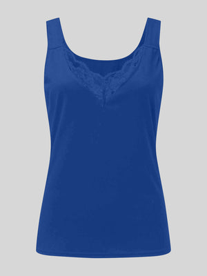 Royal blue ribbed tank top with lace inset V-neckline